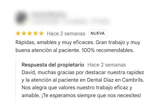 Respuesta de Dental Díaz a una reseña de 5 estrellas en Google Maps