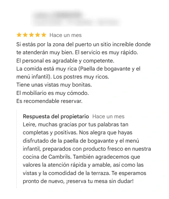 Respuesta de Les Barques Cambrils a una reseña de 5 estrellas en Google Maps